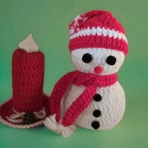 Vtg Shabby Handmade Crochet Snowman & Candle Christmas Set Yarn HolidayDecor‎